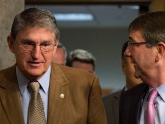 Secretary of Defense Ash Carter speaks with U.S. Senator for West Virginia, Joe Manchin as Carter arrives to testify before the Senate Armed Services Committee on U.S. military strategy in the Middle East Oct. 27, 2015. (Photo by Senior Master Sgt. Adrian Cadiz)