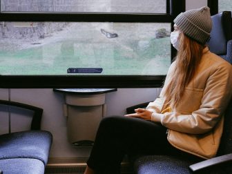 Woman wearing mask on train