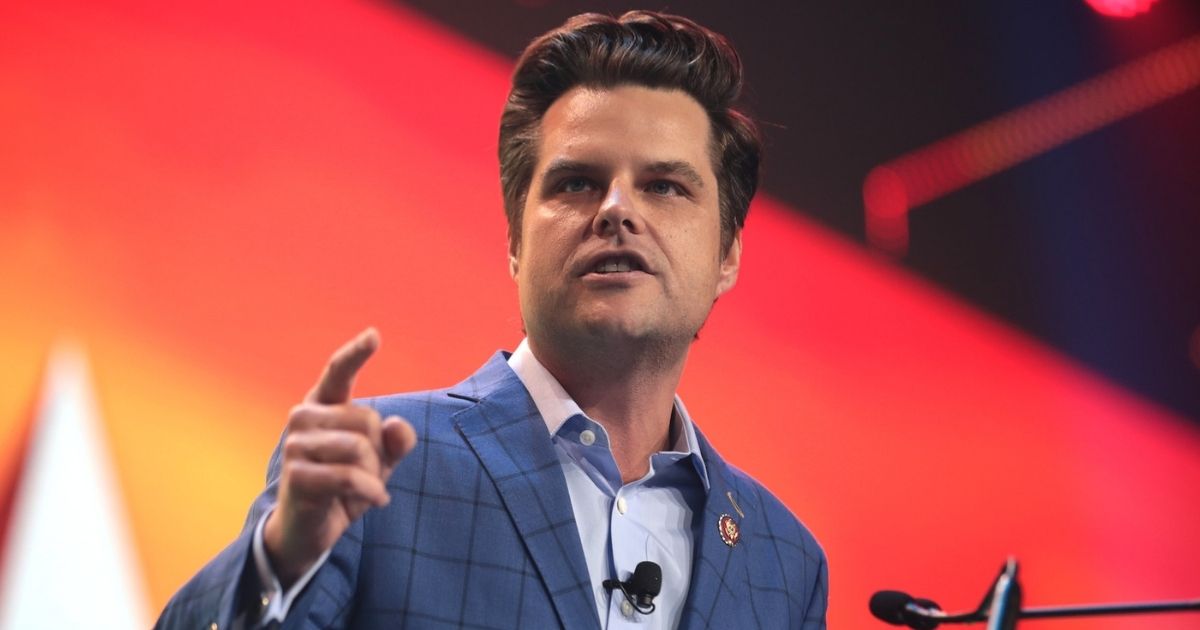 U.S. Congressman Matt Gaetz speaking with attendees at the 2020 Student Action Summit hosted by Turning Point USA at the Palm Beach County Convention Center in West Palm Beach, Florida.