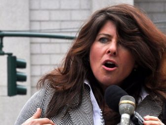 Naomi Wolf speaking at a press conference in New York's Foley Square on March 28, 2012 about the beginning of a lawsuit challenging the constitutionality of the NDAA.