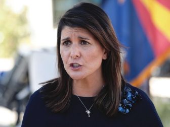 Former United Nations Ambassador Nikki Haley speaking with the media after a campaign event with U.S. Senator Martha McSally at a home in Scottsdale, Arizona.