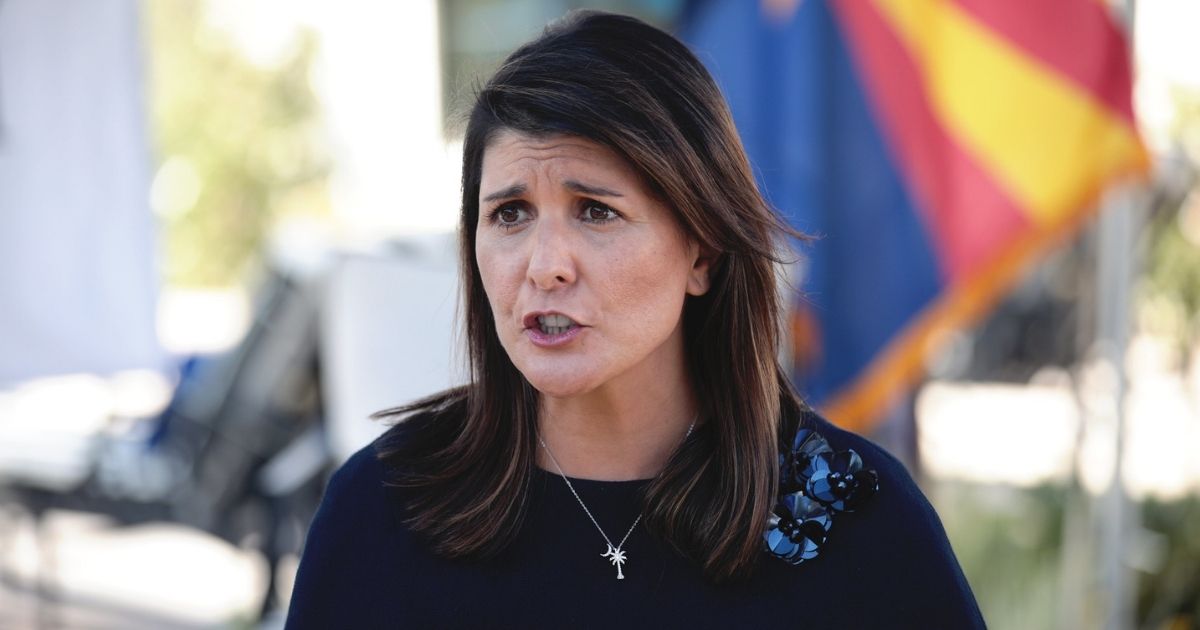 Former United Nations Ambassador Nikki Haley speaking with the media after a campaign event with U.S. Senator Martha McSally at a home in Scottsdale, Arizona.