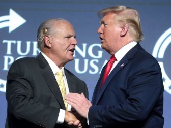 Rush Limbaugh and President of the United States Donald Trump speaking at the 2019 Student Action Summit hosted by Turning Point USA at the Palm Beach County Convention Center in West Palm Beach, Florida.