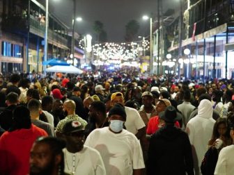 A crowd gathers after the Super Bowl LV in Tampa, Florida on Sunday.