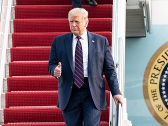 President Donald J. Trump waves and gives a thumbs-up as he disembarks Air Force One Tuesday, Sept. 15, 2020, at Philadelphia International Airport in Philadelphia. (Official White House Photo by Joyce N. Boghosian)