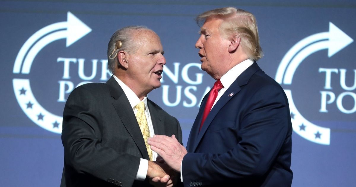 Rush Limbaugh and President of the United States Donald Trump speaking at the 2019 Student Action Summit hosted by Turning Point USA at the Palm Beach County Convention Center in West Palm Beach, Florida.