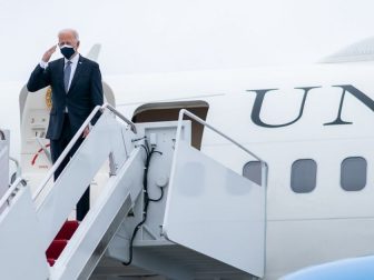 President Joe Biden salutes as he boards Air Force One at Joint Base Andrews, Maryland Friday, Feb. 19, 2021, en route to Kalamazoo/Battle Creek International Airport in Kalamazoo, Michigan. (Official White House Photo by Adam Schultz)