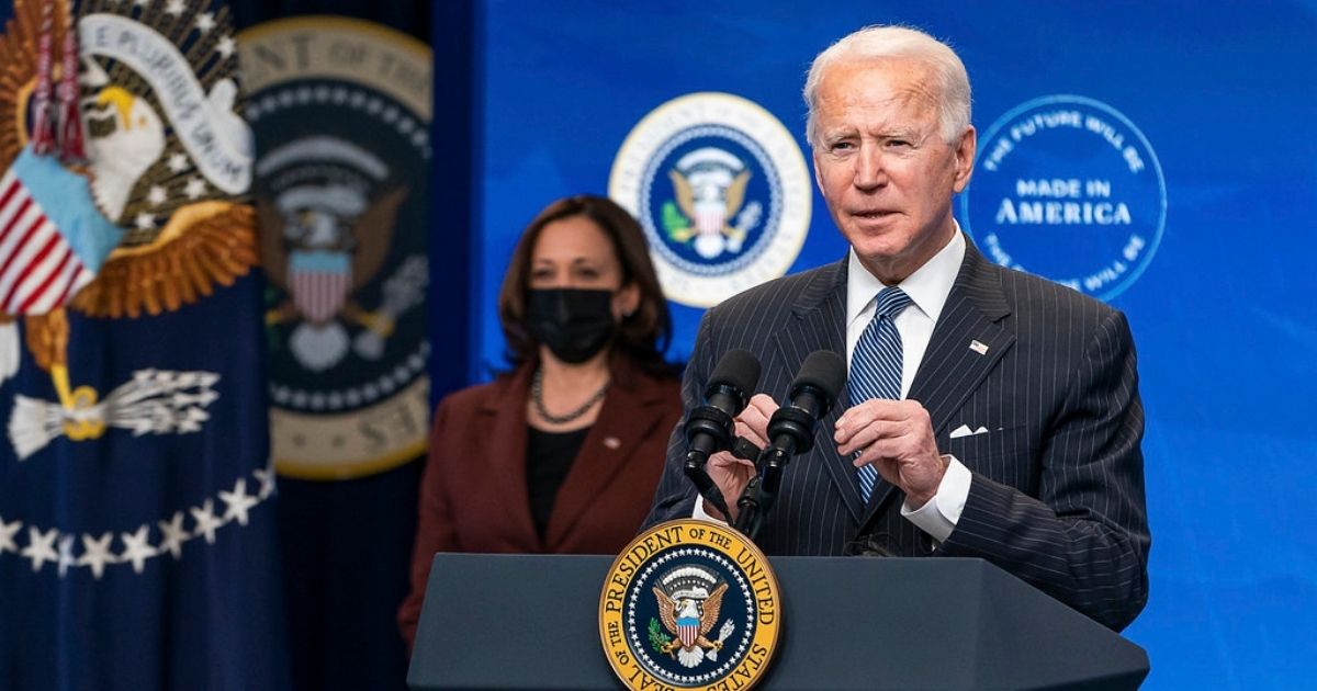 President Joe Biden, joined by Vice President Kamala Harris, delivers remarks on his “Buy American” initiative Monday, Jan. 25, 2021, in the South Court Auditorium of the Eisenhower Executive Office Building at the White House. (Official White House Photo by Adam Schultz)