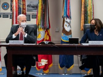 President Joe Biden and Vice President Kamala Harris participate in a briefing from U.S. Defense leadership Wednesday, Feb. 10, 2021, at the Pentagon in Arlington, Virginia. (Official White House Photo by Adam Schultz)