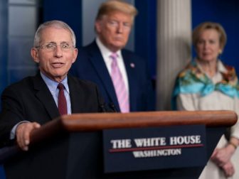 President Donald J. Trump listens as Dr. Anthony S. Fauci, Director of the National Institute of Allergy and Infectious Diseases, and a member of the White House Coronavirus Task Force delivers remarks at a coronavirus (COVID-19) update briefing Saturday, April 4, 202020, in the James S. Brady Press Briefing Room of the White House. (Official White House Photo by Andrea Hanks)