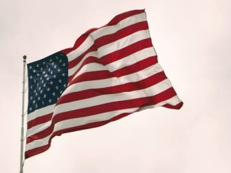 American flag flying against a cloudy sky