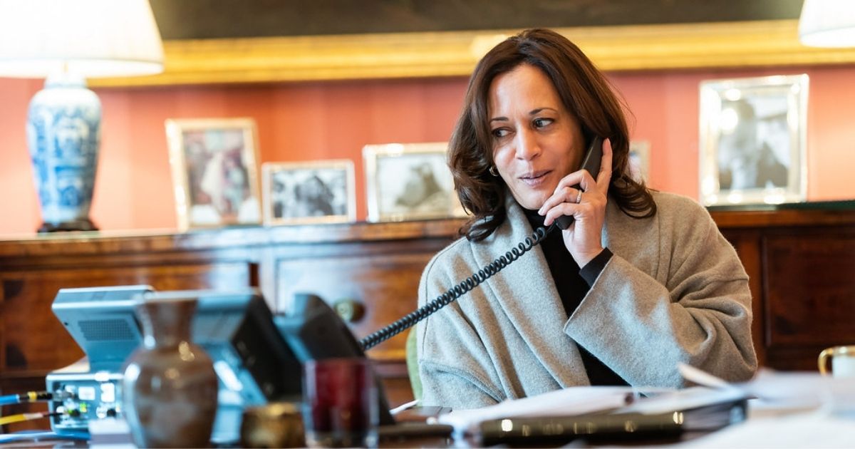 Vice President Kamala Harris talks on the phone with French President Emmanuel Macron Monday, Feb. 15, 2021, at the Blair House in Washington, D.C. (Official White House Photo by Lawrence Jackson)