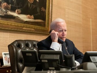 President Joe Biden talks on the phone with Texas Gov. Greg Abbott in regards to the winter storms that impacted Texas Thursday, Feb. 18, 2021, in the Treaty Room in the Residence of the White House. (Official White House Photo by Adam Schultz)