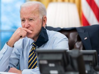 President Joe Biden participates in a conference phone call with governors affected by a snowstorm in the Midwest and southwest Tuesday, Feb. 16, 2021, in the Oval Office of the White House. (Official White House Photo by Lawrence Jackson)