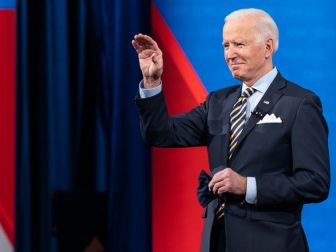 President Joe Biden waves to the guests during a CNN Town Hall with Anderson Cooper Monday, Feb. 16, 2021, at the Pabst Theater in Milwaukee, Wisconsin. (Official White House Photo by Adam Schultz)