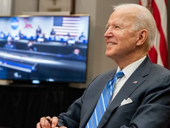 President Joe Biden participates in a virtual call with the NASA Mars 2020 Perseverance Mission team members Thursday, March 4, 2021, in the Roosevelt Room of the White House. (Official White House Photo by Adam Schultz)