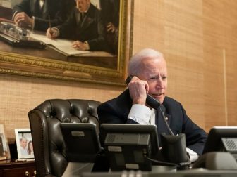 President Joe Biden talks on the phone with Texas Gov. Greg Abbott in regards to the winter storms that impacted Texas Thursday, Feb. 18, 2021, in the Treaty Room in the Residence of the White House. (Official White House Photo by Adam Schultz)