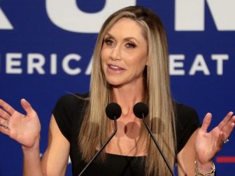 Lara Trump speaking with supporters at a "Make America Great Again" campaign rally at the Scottsdale Plaza Resort in Paradise Valley, Arizona.