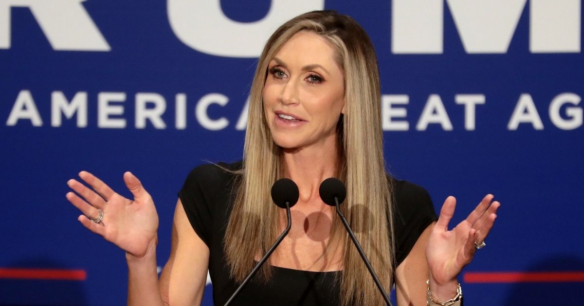 Lara Trump speaking with supporters at a "Make America Great Again" campaign rally at the Scottsdale Plaza Resort in Paradise Valley, Arizona.