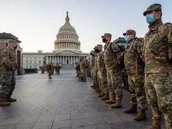 New Jersey National Guard Soldiers and Airmen from 1st Battalion, 114th Infantry Regiment, 508th Military Police Company, 108th Wing, and 177th Fighter Wing arrive near the Capitol to set up security positions in Washington, D.C., Jan. 12, 2021. National Guard Soldiers and Airmen from several states have traveled to Washington to provide support to federal and district authorities leading up to the 59th Presidential Inauguration. (U.S. Air National Guard photo by Master Sgt. Matt Hecht)