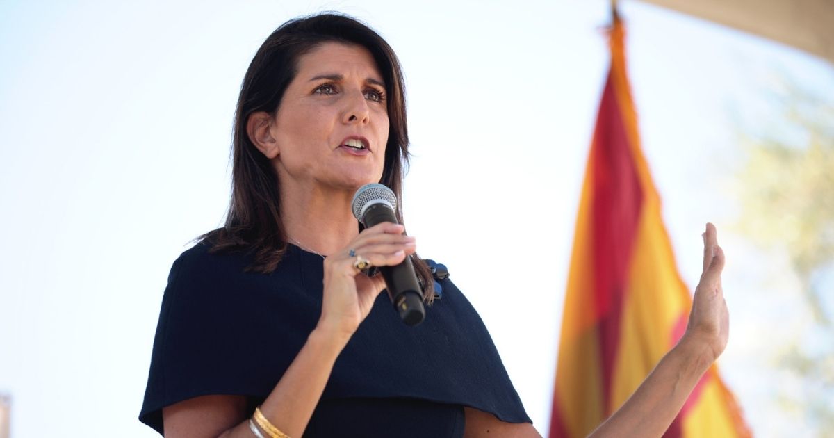 Former United Nations Ambassador Nikki Haley speaking with supporters at a campaign event for U.S. Senator Martha McSally at a home in Scottsdale, Arizona.