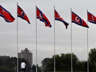 DPRK flags in Pyongyang.