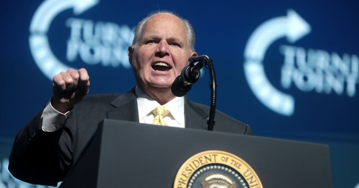 Rush Limbaugh speaking with attendees at the 2019 Student Action Summit hosted by Turning Point USA at the Palm Beach County Convention Center in West Palm Beach, Florida.