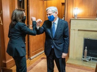 Vice President Kamala Harris fist bumps Merrick Garland at the U.S. Department of Justice in Washington, D.C. Thursday, March 11, 2021, prior to Mr. Garland’s swearing-in ceremony as U.S. Attorney General. (Official White House Photo by Lawrence Jackson)