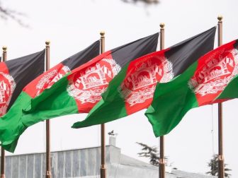 The Afghan Flag waves above the presidential palace during a meeting between Marine Corps Gen. Joe Dunford, chairman of the Joint Chiefs of Staff, Afghan President Ashraf Ghani, Chief Executive Abdullah Abdullah, and various other Afghan senior government and military leaders in Kabul, March 20, 2018. The senior leaders discussed the current security environment in Afghanistan, the progress of the Afghan National Defense and Security Forces, and the re-posturing of U.S. forces as part of the new South Asia strategy. (DoD Photo by Navy Petty Officer 1st Class Dominique A. Pineiro)