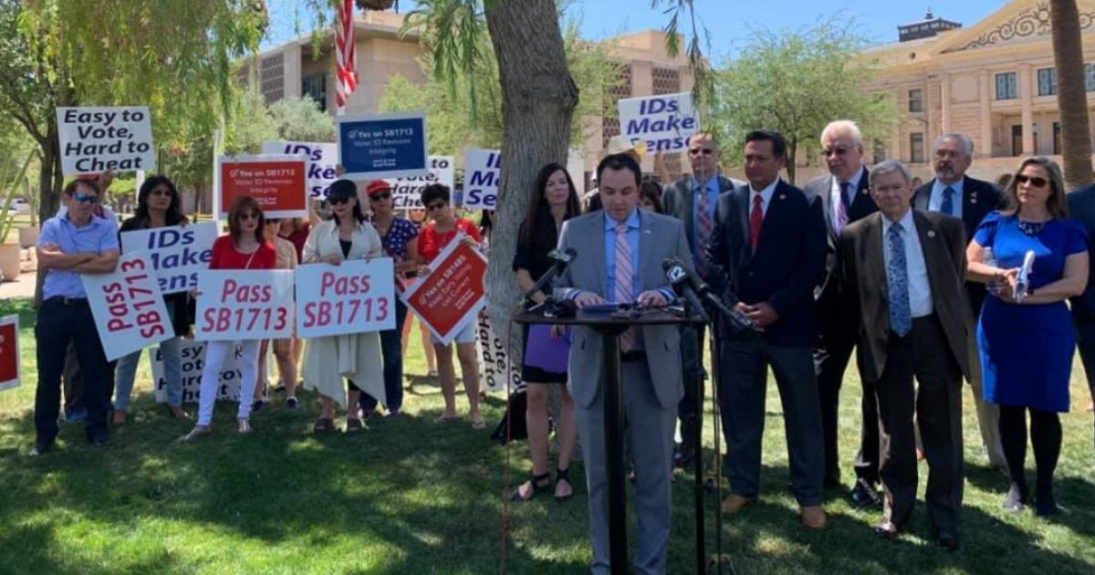 The above photo shows state senators presenting at a news conference.