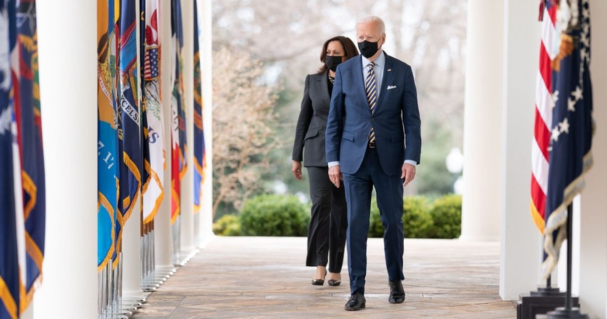 President Joe Biden and Vice President Kamala Harris walk from the Oval Office of the White House Friday, March 12, 2021, to the Rose Garden to deliver remarks on the American Rescue Plan. (Official White House Photo by Lawrence Jackson)