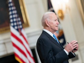 President Joe Biden talks to members of the press in the State Dining Room of the White House Tuesday, March 2, 2021, after delivering remarks during a COVID-19 announcement. (Official White House Photo by Adam Schultz)