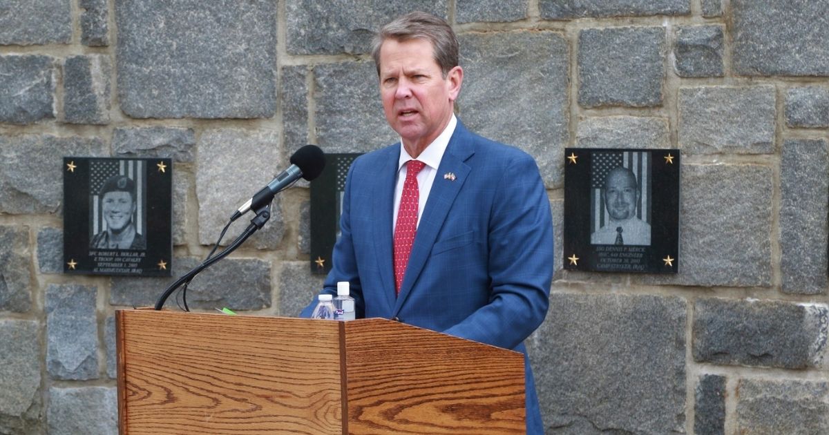Brian Kemp, the Governor of Georgia, speaks during a virtual Memorial Day ceremony at Clay National Guard Center in Marietta, Georgia on May 21, 2020. Governor Kemp spoke of the ultimate sacrifice that fallen Georgia Guardsmen have made while fighting for the freedoms all Americans possess today.