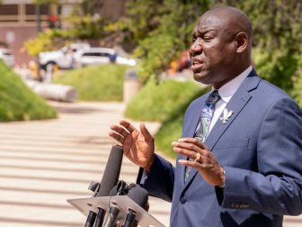 Attorney Ben Crump speaks outside the Federal Courthouse in Downtown Minneapolis on July 15th, 2020. He was announcing his filing of a lawsuit on behalf of the George Floyd family against the City of Minneapolis.