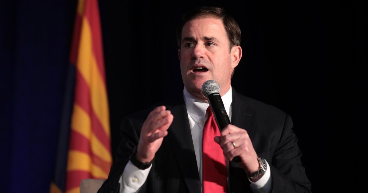 Governor Doug Ducey speaking with attendees at the 2019 Annual Awards Luncheon hosted by the Arizona Chamber of Commerce & Industry at the JW Marriott Scottsdale Camelback Inn & Resort in Scottsdale, Arizona.