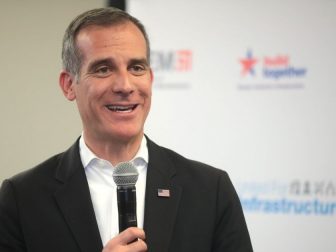Mayor of Los Angeles Eric Garcetti speaking with the media at the Moving America Forward Forum hosted by United for Infrastructure at the Student Union at the University of Nevada, Las Vegas in Las Vegas, Nevada.