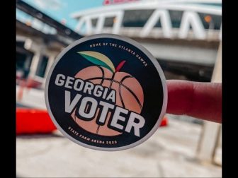 A Georgia voting sticker is pictured outside the State Farm Arena in Fulton County, Georgia.