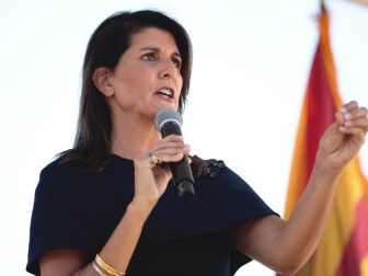 Former United Nations Ambassador Nikki Haley speaking with supporters at a campaign event for U.S. Senator Martha McSally at a home in Scottsdale, Arizona.