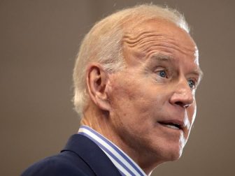 Former Vice President of the United States Joe Biden speaking with supporters at a town hall hosted by the Iowa Asian and Latino Coalition at Plumbers and Steamfitters Local 33 in Des Moines, Iowa.