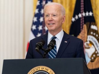 President Joe Biden smiles during his first official press conference Thursday, March 25, 2021, in the East Room of the White House. (Official White House Photo by Adam Schultz)