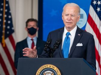 Johnson & Johnson CEO Alex Gorsky looks on as President Joe Biden delivers remarks on COVID-19 vaccine production Wednesday, March 10, 2021, in the South Court Auditorium in the Eisenhower Executive Office Building at the White House. (Official White House Photo by Adam Schultz)