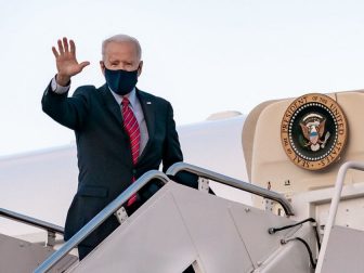 President Joe Biden waves as he boards Air Force One at Joint Base Andrews, Maryland Friday, Feb. 5, 2021, en route to New Castle County Airport in New Castle, Delaware. (Official White House Photo by Carlos Fyfe)