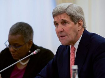 U.S. Secretary of State John Kerry -- flanked by U.S. Ambassador to Uzbekistan Pamela Spratlen -- speaks with Uzbekistan President Islam Karimov at the President’s Residential Compound in Samarkand, Uzbekistan, on November 1, 2015, at the outset of a bilateral meeting, and before a broader group discussion with all five Central Asian nations. [State Department photo/ Public Domain]