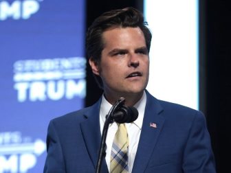 U.S. Congressman Matt Gaetz speaking with supporters at an "An Address to Young Americans" event, featuring President Donald Trump, hosted by Students for Trump and Turning Point Action at Dream City Church in Phoenix, Arizona.