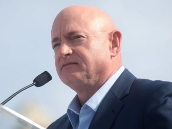 Mark Kelly speaking with supporters at the Phoenix launch of his U.S. Senate campaign at The Van Buren in Phoenix, Arizona.