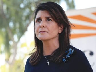 U.S. Senator Martha McSally and former United Nations Ambassador Nikki Haley speaking with the media after a campaign event at a home in Scottsdale, Arizona.