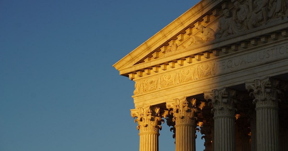 The front façade of the Supreme Court of the United States in Washington, DC.