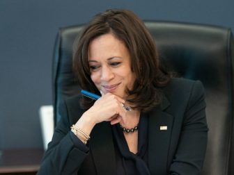 Vice President Kamala Harris listens during a phone call with World Trade Organization General Dr. Okonjo-Iweala Thursday, March 11, 2021, in her West Wing Office of the White House. (Official White House Photo by Lawrence Jackson)