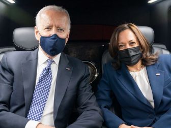 President Joe Biden and Vice President Kamala Harris pose for a photo as they ride in the Presidential limousine from Emory University in Atlanta Friday, March 19, 2021, to Peachtree Dekalb Airport. (Official White House Photo by Adam Schultz)