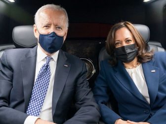 President Joe Biden and Vice President Kamala Harris pose for a photo as they ride in the Presidential limousine from Emory University in Atlanta Friday, March 19, 2021, to Peachtree Dekalb Airport. (Official White House Photo by Adam Schultz)